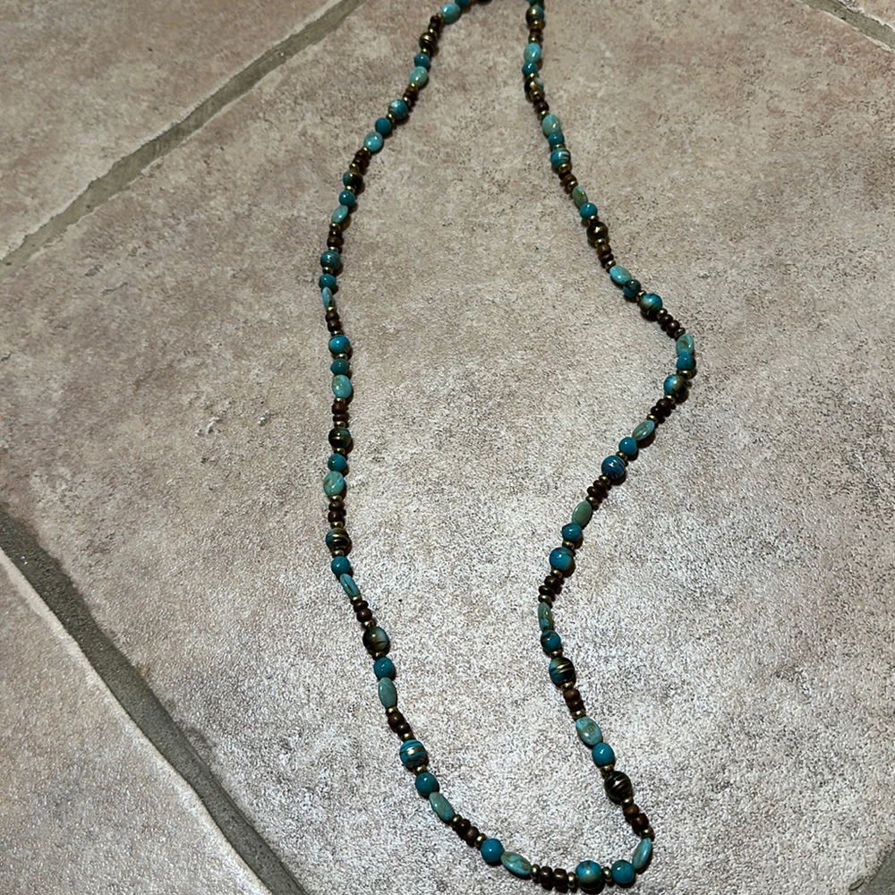 Necklace, blue, and brown